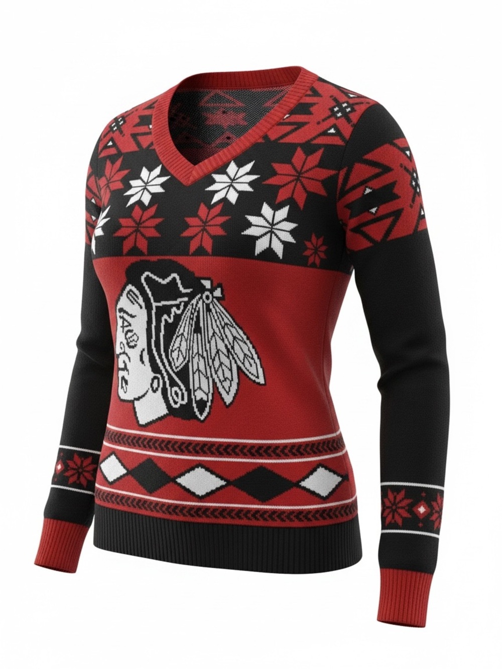 NHL Chicago Blackhawks Women’s Red & Black V-Neck Fair Isle Ugly Holiday Sweater